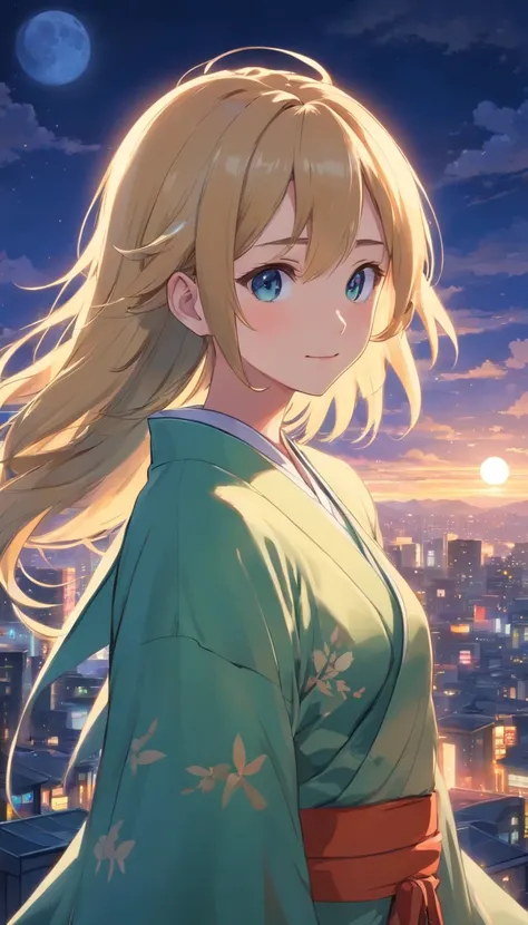 Best quality at best，tmasterpiece，The is very detailed，Face details，8K, detailed back ground，1girll，独奏，Blonde hair，eBlue eyes，，long whitr hair，wavey hair，voluminous hair，，，Blushlush，ssmile，Shawl，Chinese city，Chinese service，the night，themoon，scenecy，high p...