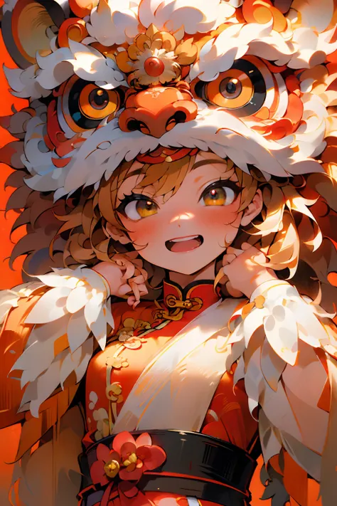 1girll, Clear facial features，looks into camera, Solo, lion_Dance,Clear face，lion dance，dynamicposes，Chinese clothes， Well-designed lions head design, Brightly colored lions, Traditional Chinese art, Expressive lion dance, Red lanterns，Chinese Year， China-...