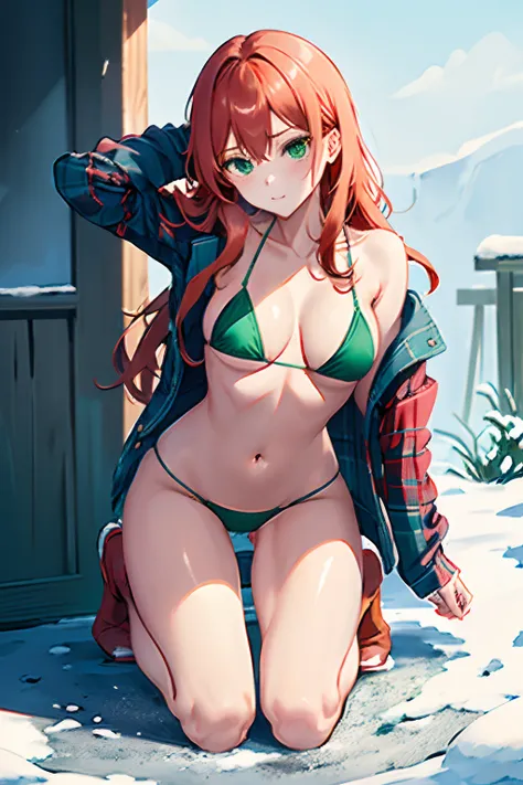 top-quality, hight resolution, 18 with, 1girl in, Wendy Corduroy,  gravity falls, 独奏, ginger hair, green eyes, long hair, Medium chest, cowboy  shot, snow,( pinkish red micro bikini), (open green flannel jacket) , cleavage of the breast、cool expression、ful...