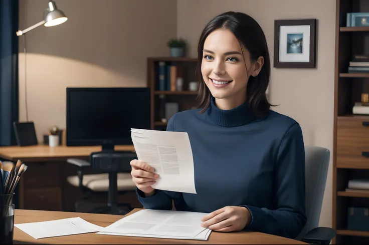 A professional photographic image of A beauty business woman sitting comfortably in the office chair reading paper, wearing a sophisticated dark casual dress, looking directly at the paper, highlighting his expressive face and her elegance, highly detailed...