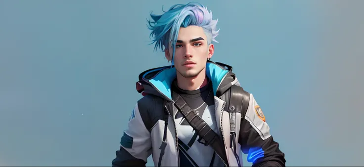 arafed image of a man with a blue hair and a jacket, hyperrealistic teen, realism artstyle, realistic artstyle, hyper realistic style, inspired by Kyle Lambert, halfbody headshot, style of kieran yanner, as a fortnite character, style of seb mckinnon, twit...