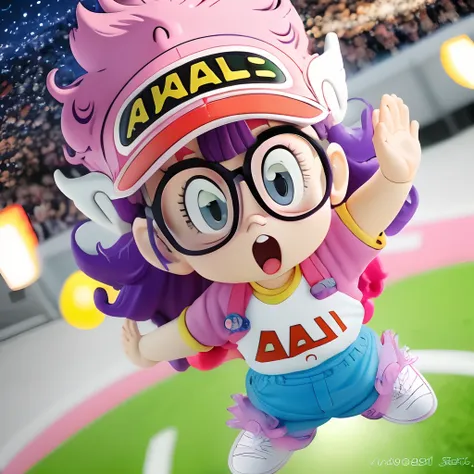 arale-chan, anime-style, vibrant colors, dynamic action, detailed eyes, lively pose, cute outfit, playful expression, colorful b...