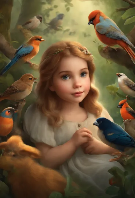 Make an illustration for a fairy tale about a girl talking to animals and birds