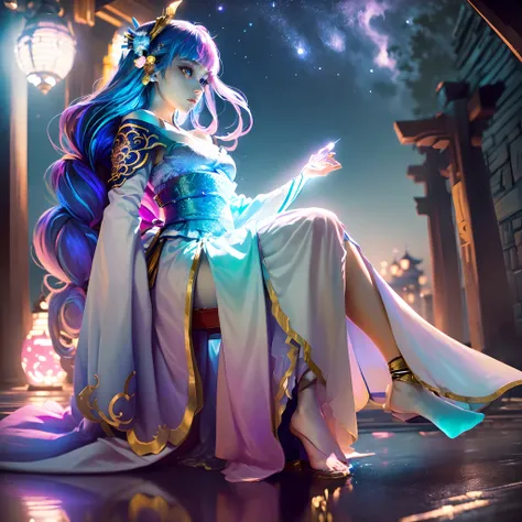 (best qualtiy，tmasterpiece), Beautiful teenage girl, Beautiful goddess, ((period costume, Hanfu, One shoulder)), Beautiful hair accessories, the night, starrysky, cold light, (in pink, cyan colors, white colors), ((from below)), ((full body)), ((realistic)...