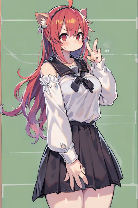 eris grayrat, 1girl in, Solo, Long hair, Ahoge, Red Eyes, Red hair, Bare shoulders,shairband, arms folded,blush, Skirt, black hairband, breasts, Detached sleeves,Bangs, hair between eye, Long sleeves, hair flaps, Closed mouth, Black skirt, Brown skirt, Shi...