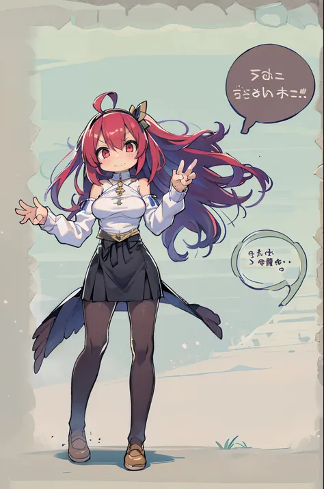 eris grayrat, 1girl in, Solo, Long hair, Ahoge, Red Eyes, Red hair, Bare shoulders,shairband, arms folded,blush, Skirt, black hairband, breasts, Detached sleeves,Bangs, hair between eye, Long sleeves, hair flaps, Closed mouth, Black skirt, Brown skirt, Shi...