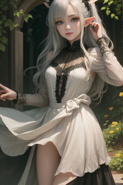 Adult girl standing and looking at the camera, pixie, elf ears, Beautiful elven ears, The girl is dressed in a Gothic dress, Long Dress, pony tail, High-quality beautiful eyes, beatiful face, High Quality Face, dark sky, Thin, Wet waist, Slender figure, Ap...