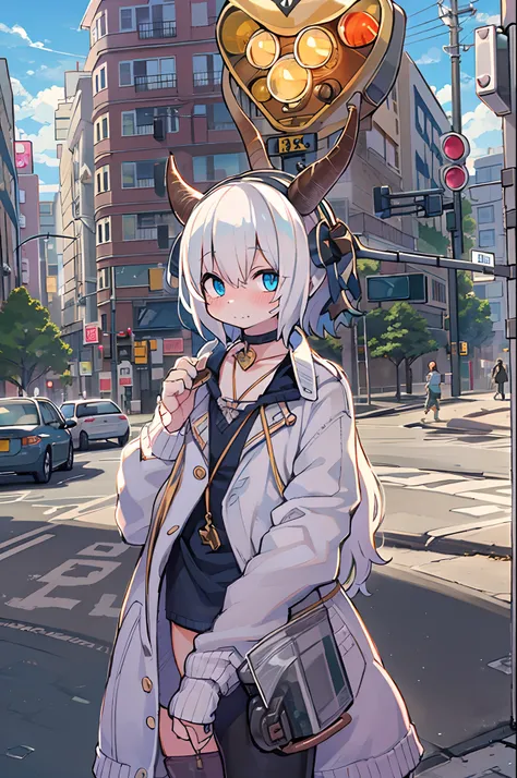 masutepiece, Best Quality, 1girl in,Petite,Small breasts,Short hair,White hair,sharpteeth,tusk,Choker,Blue eyes,Heart shaped pupils,Demon Horns,blush,(plein air,pavement,traffic light,street signs),Looking at Viewer