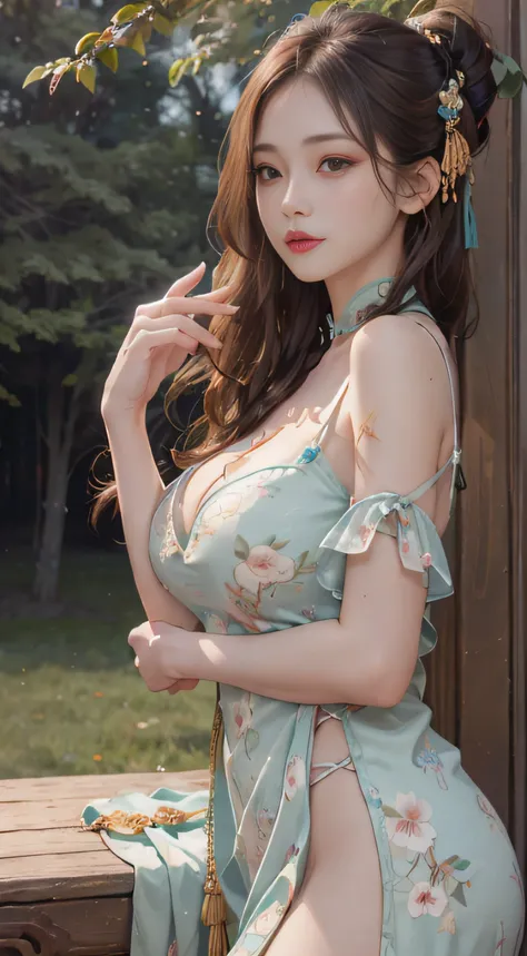 （From the outside） ， many color，Best quality at best，8K，real photograph，Delicate skin details，tmasterpiece，photograph of-realistic，Complicated details，RAW photogr，Under the trees，florals，Gorgeous cheongsam，Extra-long hair，cropped shoulders，delicated face，E...