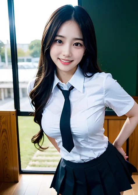 There is a woman taking a picture wearing a tie and skirt, japanese girl school uniform, aya takano color style, wearing japanese school uniform, hana yata, Ayaka, Sui Ishida, Aya Takano, Japan school uniform, Shiori Teshirogi, Ayami Kojima Amano, Rin, Eri...