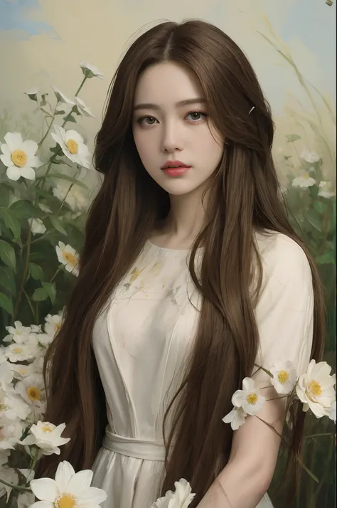 (oil painting:1.5),  A woman with long light brown hair and white flowers in her hair lies in a field of white flowers.., (Amy Soul:0.248), (Stanley Artgerm Lau:0.106), (Detailed drawings:0.353), (gothic art:0.106)