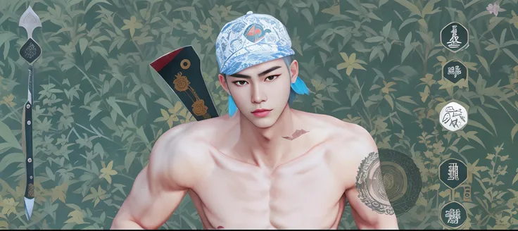 there is a man with a hat and a knife in his hand, tane skin, extreme detail skin, wielding knife, wielding a fish sword, gapmoe yandere, skin : tjalf sparnaay, inspired by Dai Jin, detailed skin, inspired by Bian Shoumin, with rap cap on head, inspired by...