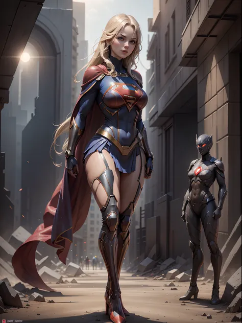 Supergirl from DC, big breasts, frontal, full-length, looking at the camera, facing the audience, standing pose, simple background, three-dimensional light, detailed full-body concept, sleek digital concept art, beautiful full-body concept art, art trend, ...