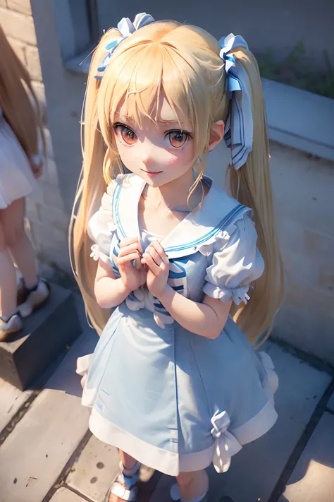 CG Digital Rendering,((Cute 3D Anime Slender Girl Rendering)),(((In the city))),(((Slender girl with long blonde twin tails))),(((Hands folded))),((White and blue stripes々 doress)),(((Bright lighting))),().summertime,((A smile)),,((School lunch time)),((Fe...