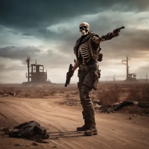 (((Post apocalyptic scenario, Desolate atmosphere, Dystopian landscape))) madmax，Postmodern wasteland punk style，Skeleton Singer