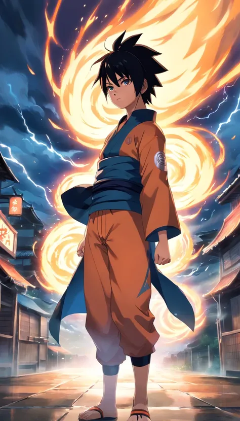 Naruto, nine-tailed fox,illustration,vivid colors,highres,ultra-detailed,studio lighting,masterpiece:1.2,portraits,action-packed,anime,sharp focus,dramatic pose,intense expression,energy effects,battle scene,fiery eyes,whirlwind of leaves,Japanese landscap...