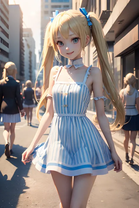 CG Digital Rendering,((Cute 3D Anime Slender Girl Rendering)),(((In the city))),(((Slender girl with long blonde twin tails))),((())),((White and blue striped dresses)),(((Bright lighting))),().summertime,((A smile)),,((Falling)),