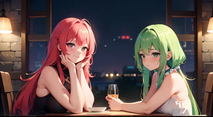 masterpiece, lots of detail, 4k, 8k, ((ultra-detailed)), highres, soft lighting, 2girls, dinner date, blush, {green hair|red hair|multicolored hair|white hair}, {curvy|petite}