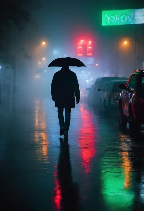 a camera head in the heavy fog in the air, rain, neon lights, man walking