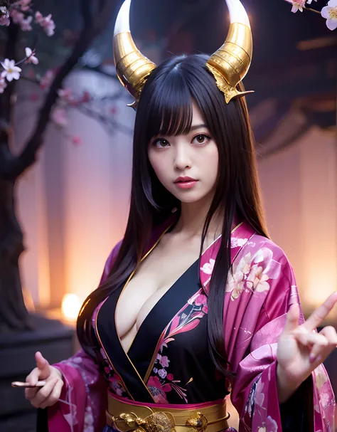 ((World of Darkness)),Professional , ​masterpiece、top-quality、photos realistic , depth of fields 、（sexypose）、(Background of cherry blossoms in full bloom),（Ultimate Beauty）、A dark-haired、（White bikini armor)、（Kimono with beautiful pattern）、（Night backgroun...