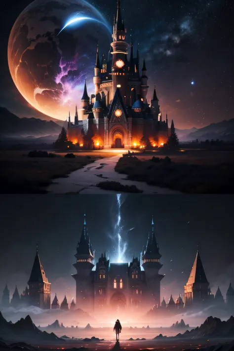 cosmic space、Fantastic castle in black and blue、High image qualityhigh-resolution、The castle is central、Particles drift from the surroundings、On the top floor of the castle is a jet-black alien、Particles are red and orange、Abstract painting style、The castl...