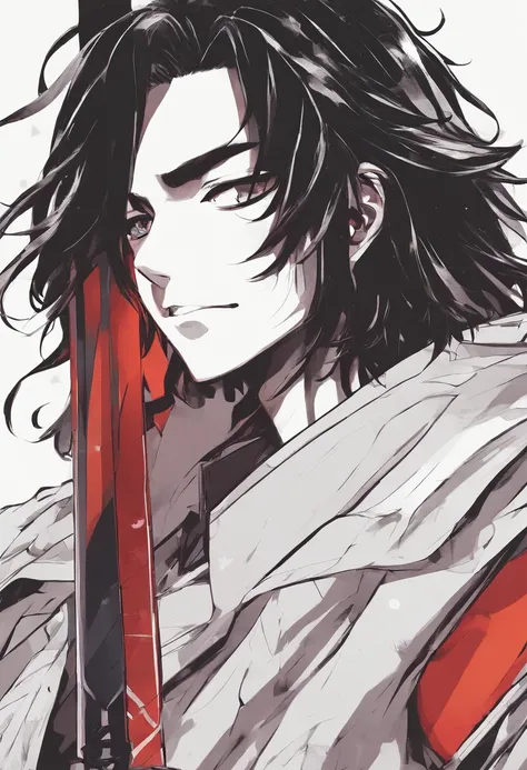 A guy with shoulder-length black hair, A big smile, pointed teeth, scar on his left eye, short t-shirt, Heavy sword at the ready