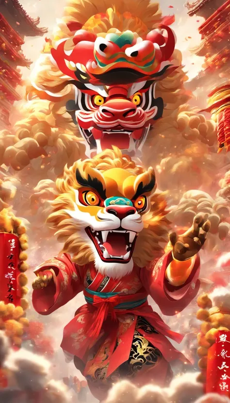 Cantonese traditional culture, China，1girll，lion dance，Awaken the lion，characteristic，The facial features are delicate and beautiful，The black and red lion head is worn on the head，Dance with a lions head in both hands，jubilation，