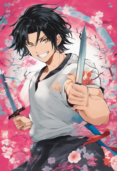 A guy with shoulder-length black hair, A big smile, pointed teeth, scar on his left eye, short t-shirt, Heavy sword at the ready