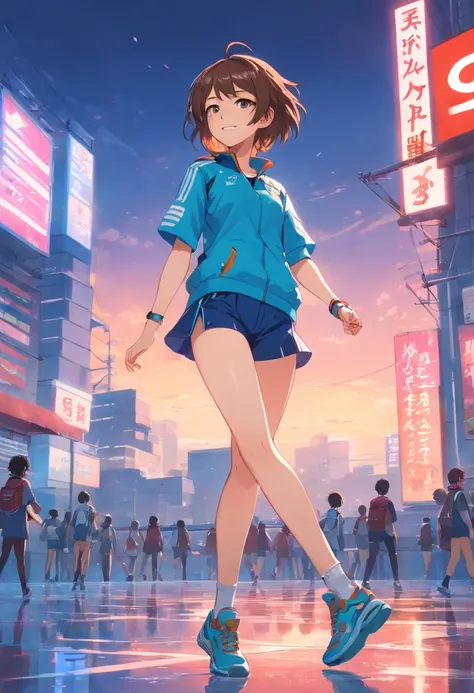 best qualtiy，ighly detailed，tmasterpiece，ultra - detailed，1boy，Full body like，symple background，red Sky Background，Elaborate Eyes，brown-brown hair，Blue colored eyes，white soft long legs，short detailed hair，Lively and cheerful，female high-school student，Eye...