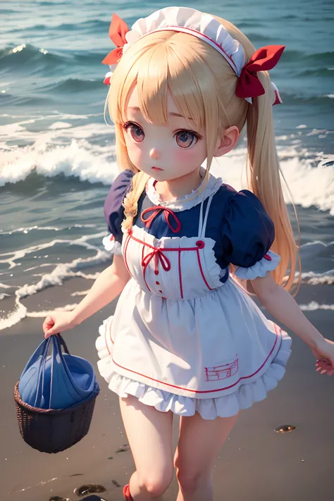 Summer at dusk、on the coast、Picking up shellfish,Petite girl with blonde twin tails、Blue Maid Clothes、With a red ribbon on his head、3D Anime Girl Rendering,Anime