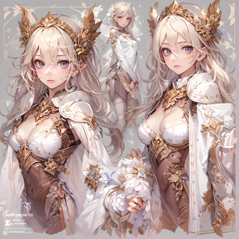 ((Masterpiece, Highest quality)), Detailed face, CharacterDesignSheet， full bodyesbian, Full of details, Multiple poses and expressions, Highly detailed, Depth, Many parts，white backgrounid，Beautiful paladin girl，Holding a shield，Extremely beautiful，Irride...