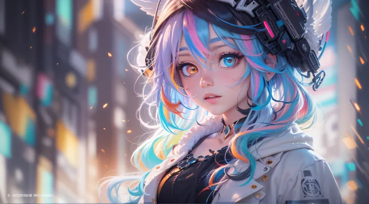 {{masterpiece}}, best quality, extremely detailed CG unity 8k wallpaper, cinematic lighting, lens flare, beautiful detail eyes, black,  side glance,  multicolor hair, colorful light, particles, heterochromia, (colorful:1.5), (colorful hair:1.5),