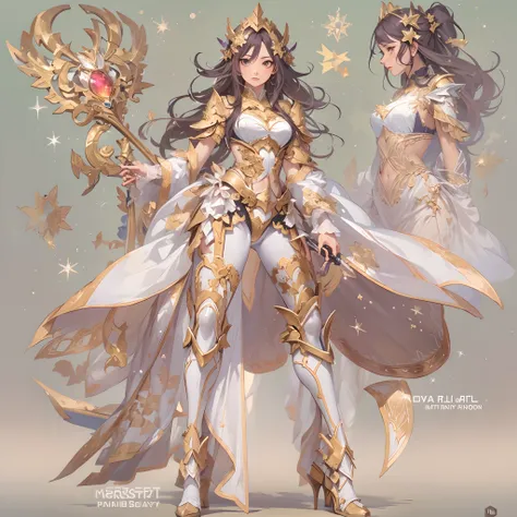 ((Masterpiece, Highest quality)), Detailed face, CharacterDesignSheet， full bodyesbian, Full of details, Multiple poses and expressions, Highly detailed, Depth, Many parts，Beautiful paladin girl，Holding a shield，Extremely beautiful，Irridescent color，holy r...