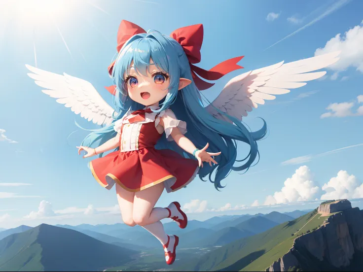 Cute Girl Character　With the Wings of an Angel、Dancing over the mountains。long hair with blue hair((Chibi Chara))、Red and white costume、Chibi Chara、full body Esbian、Pastel colors hair、masutepiece、top-quality、Large in the center