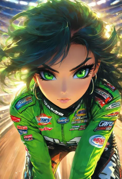 The most beautiful and sexy woman, black hair, green eyes, wearing highly detailed nascar gear, tattoos and piercings, nascar race track, perfect masterpiece, high quality, high resolution