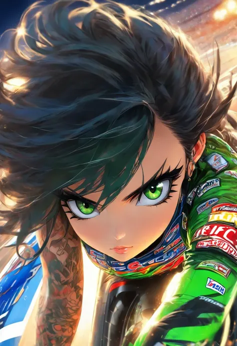 The most beautiful and sexy woman, black hair, green eyes, wearing highly detailed nascar gear, tattoos and piercings, nascar race track, perfect masterpiece, high quality, high resolution