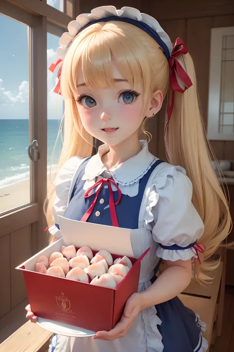 ( absurdly , High quality , ultra-detailliert ),Summer at noon、on the coast、((Picking up scallops)),Girl with blonde twin tails、Blue Maid Clothes、Wearing a red ribbon on his head、3D anime girl rendering,Anime,Watching the viewer with a good laugh