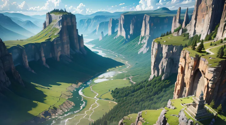 (highres:1.2),sweeping aerial shot,rugged mountains,jagged mountains,lush valleys,epic landscape,alternate-world landscape,ancient Greece vibes,majestic atmosphere,grandiose scenery,panoramic view,gorgeous terrain,dramatic cliffs,peaceful meadows,golden su...