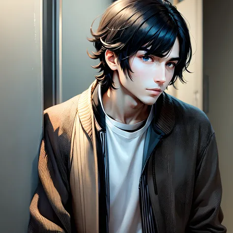 the anime, guy, full face, Shoulder-length black hair, slight smile, brown eye, black striped jacket, white  shirt