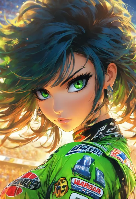 The most beautiful and sexy woman, black hair, green eyes, wearing highly detailed nascar gear, tattoos and piercings, nascar race track, perfect masterpiece, high quality, high resolution