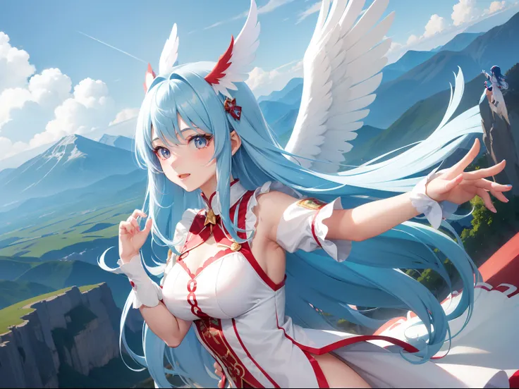 Cute Girl Character　With the Wings of an Angel、Dancing over the mountains。long hair with blue hair((Girl Character))、Red and white costume、Girl Character、full body Esbian、Pastel colors hair、masutepiece、top-quality、Large in the center