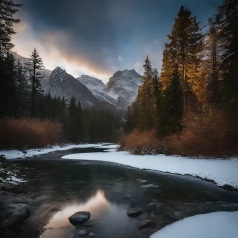 Alpine forest landscape photography，Rugged mountain roads，Clear and transparent lake，the trees，bushes，falling leaf，sun at dawn，Blurred vision，Cliffs and mountains，desolated，Aloneness，Cold，foggy sky，The morning sun that does not dazzle，Nightmare vision，Dark...