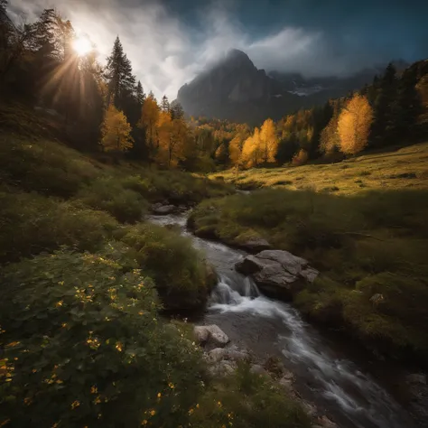 Alpine forest landscape photography，Rugged mountain roads，Clear and transparent lake，the trees，bushes，falling leaf，sun at dawn，Blurred vision，Cliffs and mountains，desolated，Aloneness，Cold，foggy sky，The morning sun that does not dazzle，Nightmare vision，Dark...