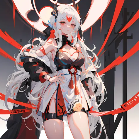 anime girl with white hair and red dress posing in front of a red and black background, onmyoji, best anime 4k konachan wallpaper, onmyoji detailed art, onmyoji portrait, from arknights, trending on artstation pixiv, digital art on pixiv, white haired deit...