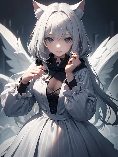 With a girl in a cute hood wrapped in thick fog, Emerge from the swirling shadows. Stand in the Cemetery of Forgotten Souls. (Light grey and light white striped hair:1.3,), Perfect face, Proper body proportion, masterpiece, Super high-quality, 超A high reso...