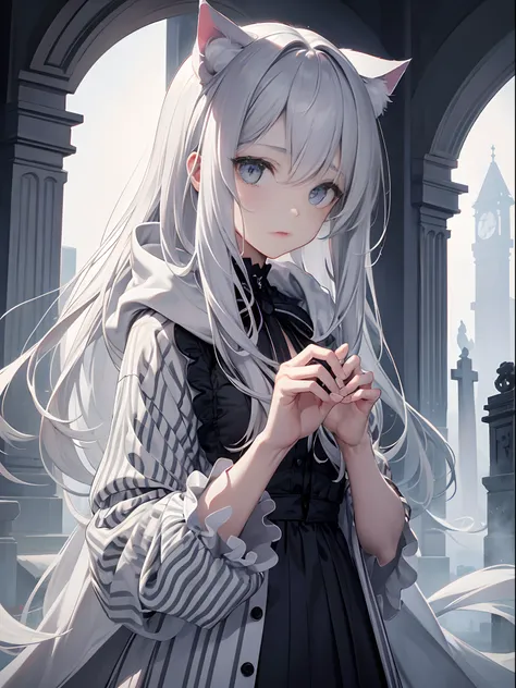 1 girl, Emerge from the swirling shadows. Stand in the Cemetery of Forgotten Souls. (Light grey and light white striped hair:1.3,), Perfect face, Proper body proportion, masterpiece, Super high-quality, 超A high resolution, Intricate details, Very delicate ...