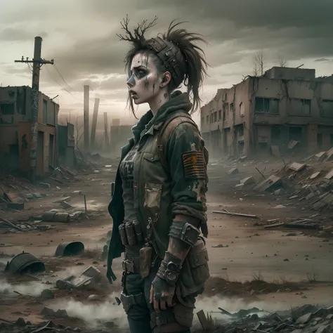 (((Post apocalyptic scenario, Desolate atmosphere, Dystopian landscape))) Postmodern wasteland punk style singer