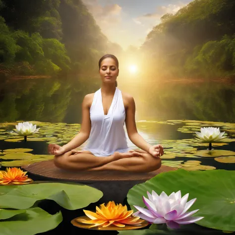 Yoga position light spectrum with the seven chakras around, vibrante colorsa colorslashh An explosion of colors, Beautiful woman in white sitting on water lilies, complex stuff around, intricate in the background, Spiritual, divine, dreamlike, cosmic, mind...