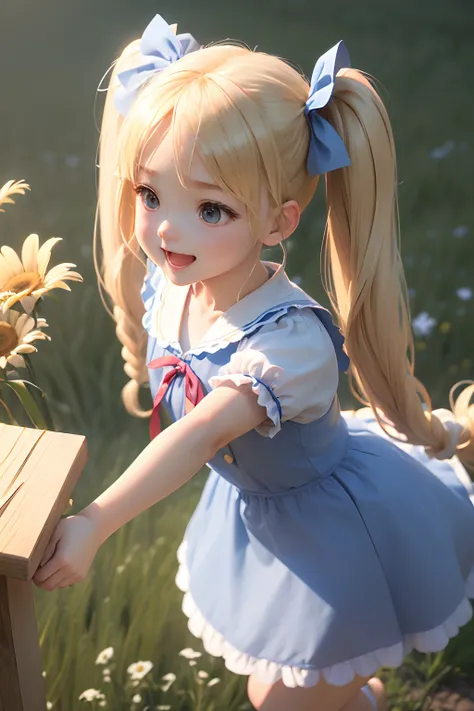 ( absurdly , High quality , ultra-detailliert ),Summer at noon、on the coast、(()),High school girl with long blonde twin tails、(((field day))),Blue Maid Clothes、with a red ribbon on the head,,、3D anime girl rendering,great laughter,doing push-ups