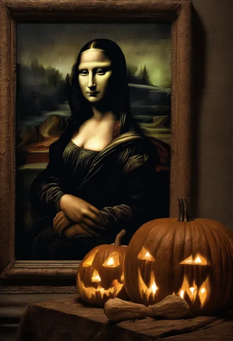 mona lisa with a glowing carved pumpkin